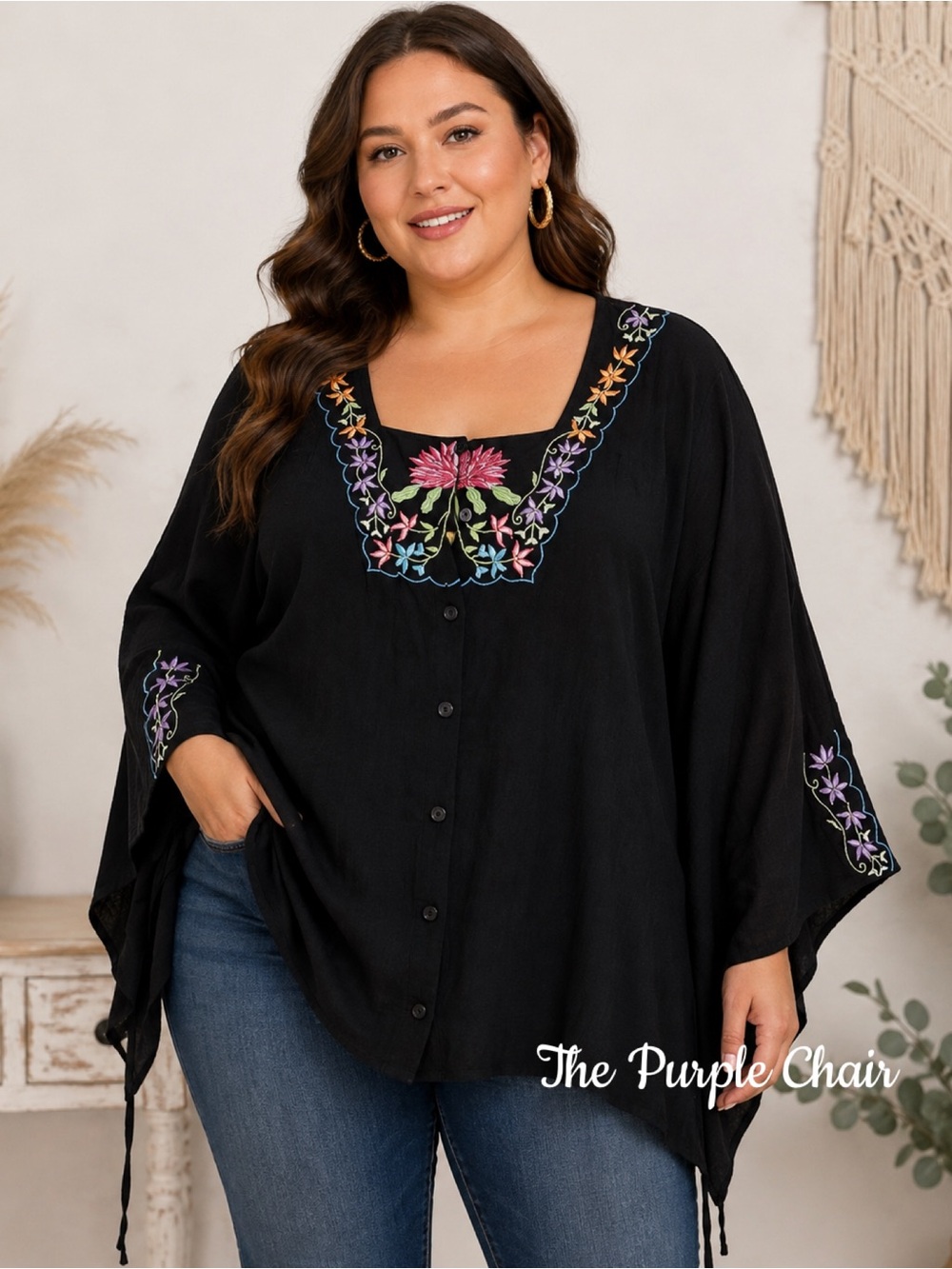 ORIGINAL ANTHONY NWT Black Floral Embroidered Button Down Bell Sleeve Top 1X